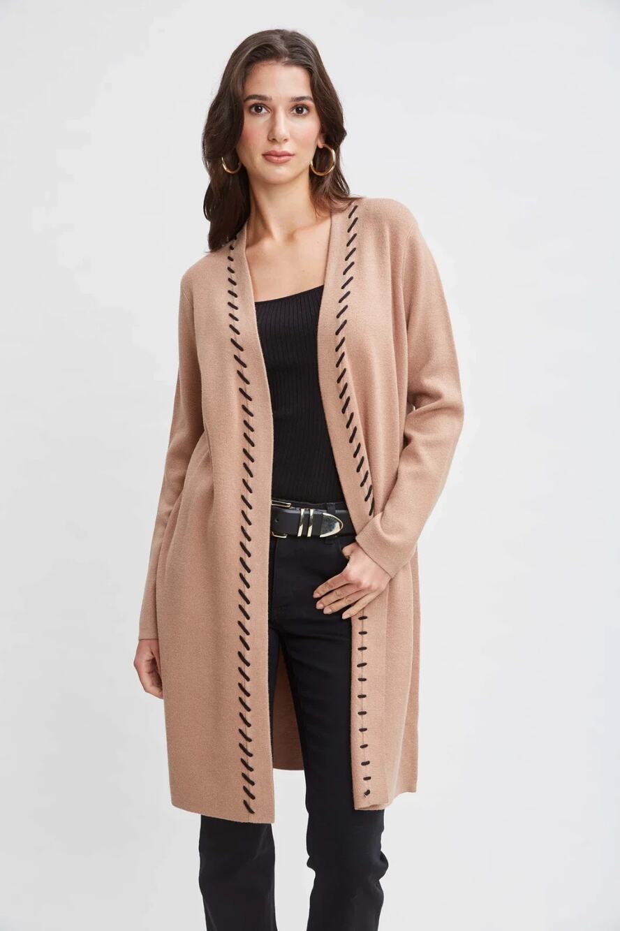 T-Tahari Sweater Cardigan Womens Midi Stitched Size L Open Front Beige